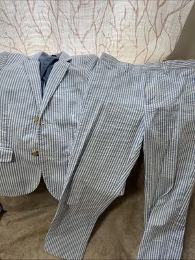 Crewcuts Blue and White Striped Seersucker Suit Jacket & Pants